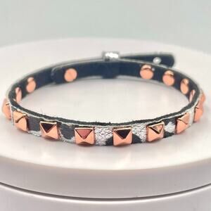 VTG Metallic Silver Tone Cow Print Leather Rose Gold Tone Pyramid Stud Bracelet